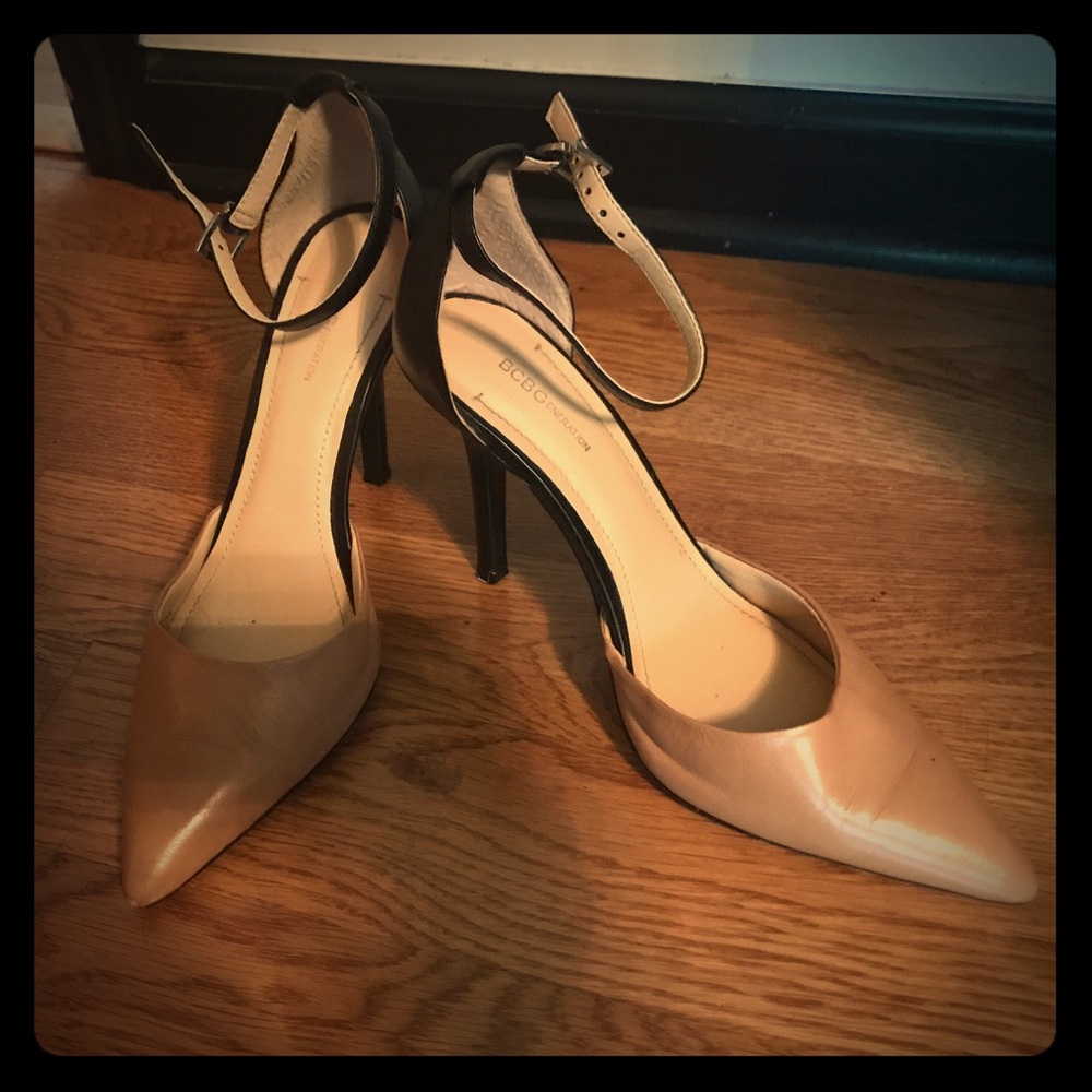 BCBG Two-Tone Nude and Black Pointed-Toe Ankle-Strap Pumps